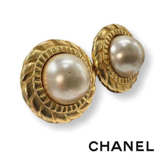 Chanel Vintage 1980s Coco CC Gold & Faux Pearl Rope Frame Clip-On Earrings VGUC - Picture 1 of 8